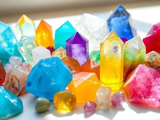 Vari cristalli colorati su una superficie liscia.