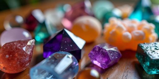 Cristalli colorati su un tavolo di legno