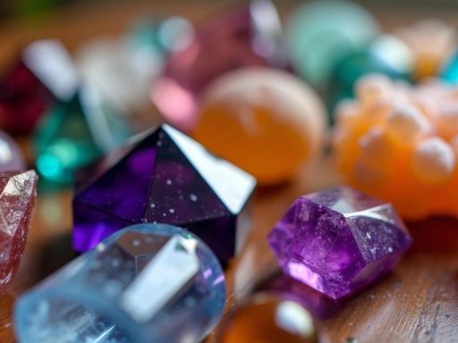Cristalli colorati su un tavolo di legno