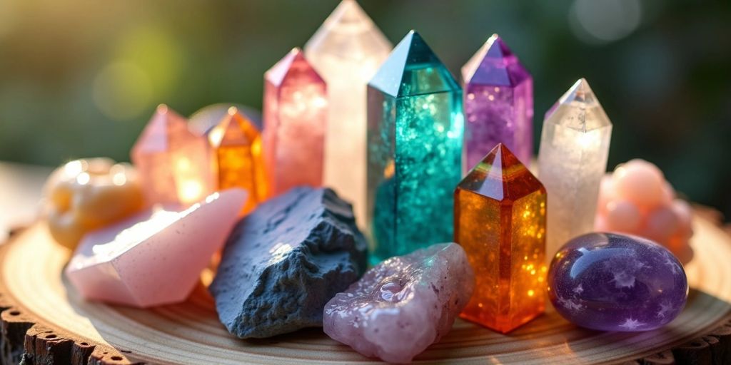 Disposizione di cristalli colorati su una superficie di legno.