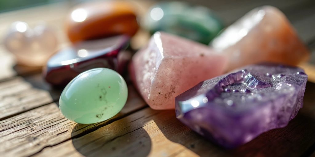 Pietre curative su superficie di legno