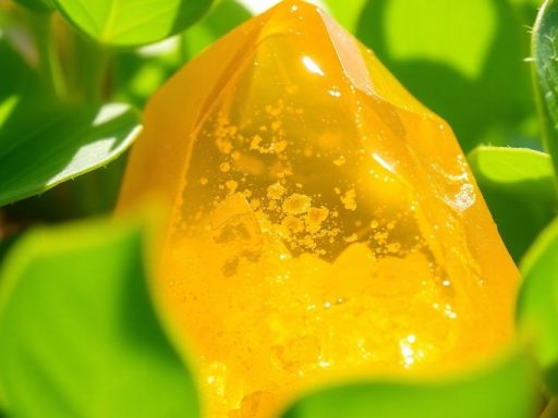 Prisma di quarzo citrino su foglie verdi.