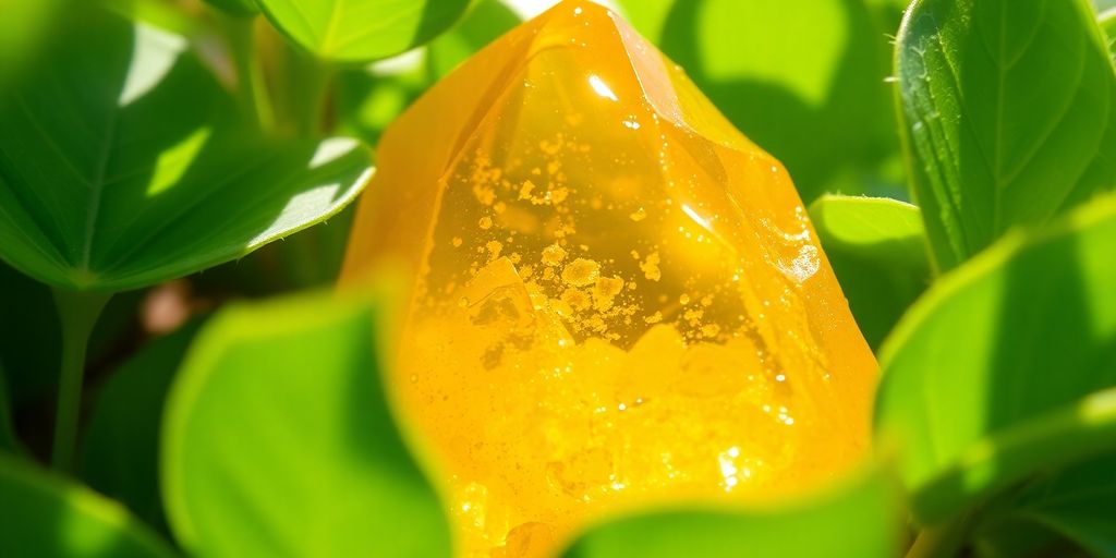 Prisma di quarzo citrino su foglie verdi.