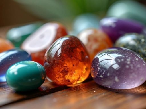 Pietre colorate su un tavolo di legno