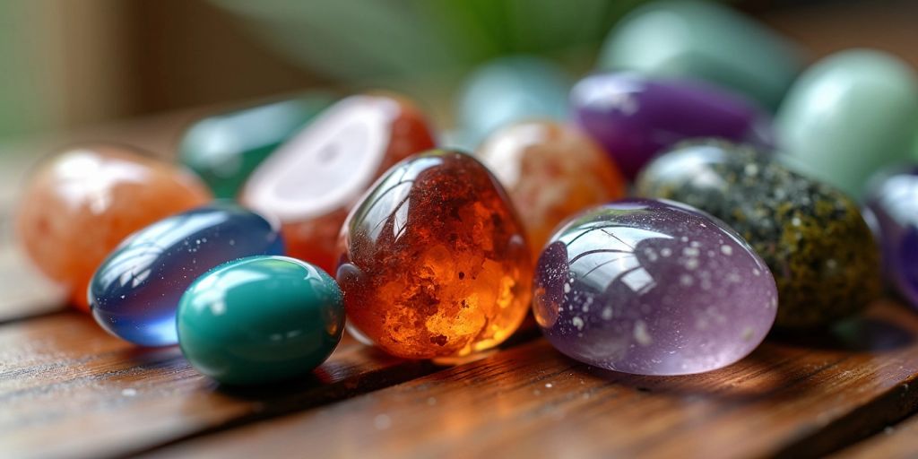 Pietre colorate su un tavolo di legno